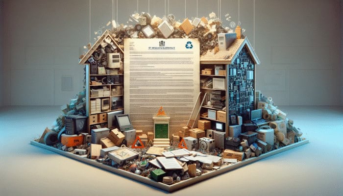 Electronics Regs for House Clearance: A legal document amidst electronic waste, featuring WEEE and EPA symbols, in a UK house clearance setting, highlighting sustainability and compliance.
