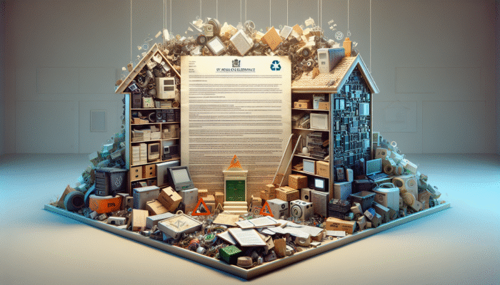 Electronics Regs for House Clearance: A legal document amidst electronic waste, featuring WEEE and EPA symbols, in a UK house clearance setting, highlighting sustainability and compliance.