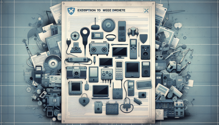 Electronics including medical devices and military equipment labeled with WEEE Directive exemptions, amidst legal documents and house clearance scenes.