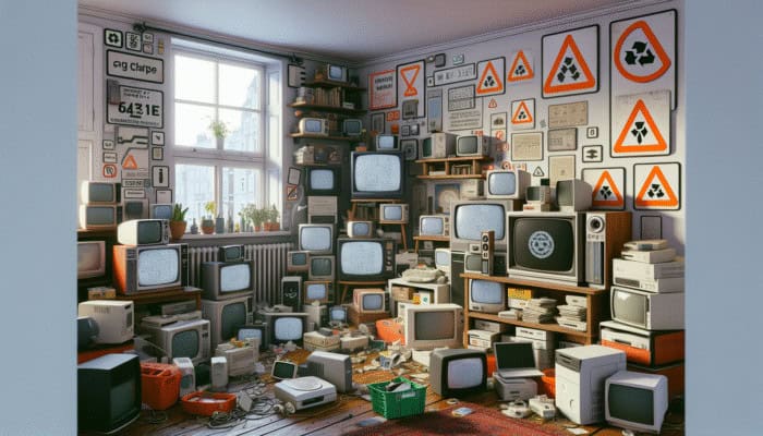 A cluttered UK living room with old TVs, computers, printers, and smartphones tagged for WEEE compliance.