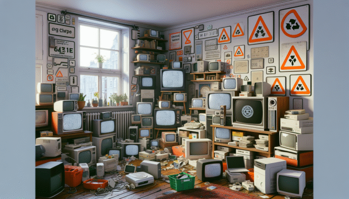 A cluttered UK living room with old TVs, computers, printers, and smartphones tagged for WEEE compliance.