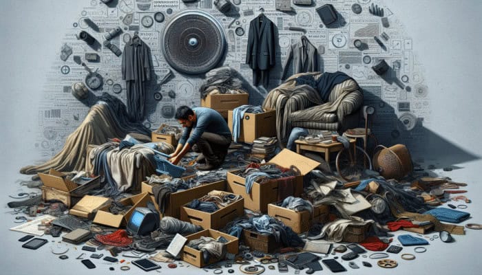 How to Clear a UK Home on a Budget: A person sorting through a cluttered room, identifying items unused for over six months to declutter.
