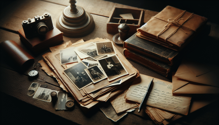 A vintage letter, worn journal, and black-and-white photos on an antique table, evoking cherished memories.