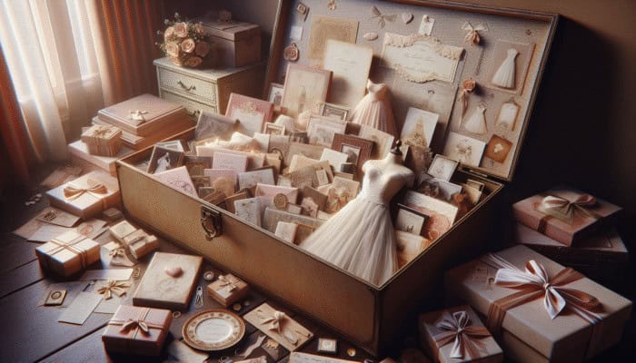 A memory box with wedding and anniversary items like invitations, gifts, and a vintage dress in a cozy room.