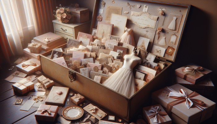 A memory box with wedding and anniversary items like invitations, gifts, and a vintage dress in a cozy room.