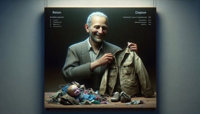 Person sorting sentimental items into 'keep' and 'let go' piles, holding an old jacket with a nostalgic smile and a broken toy evoking sadness.
