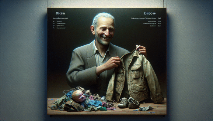 Person sorting sentimental items into 'keep' and 'let go' piles, holding an old jacket with a nostalgic smile and a broken toy evoking sadness.