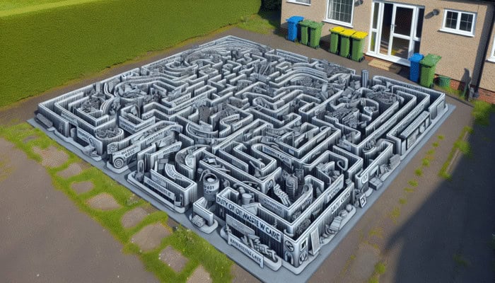 Legal Recycling Tips for House Clearance: A maze representing UK waste regulations with labels like 'Environmental Protection Act 1990' and 'Duty of Care', against a house clearance scene.