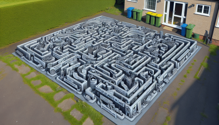 Legal Recycling Tips for House Clearance: A maze representing UK waste regulations with labels like 'Environmental Protection Act 1990' and 'Duty of Care', against a house clearance scene.