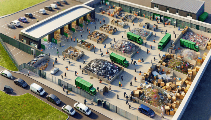 A busy UK recycling center with zones for electronics, garden waste, and appliances, people sorting materials.