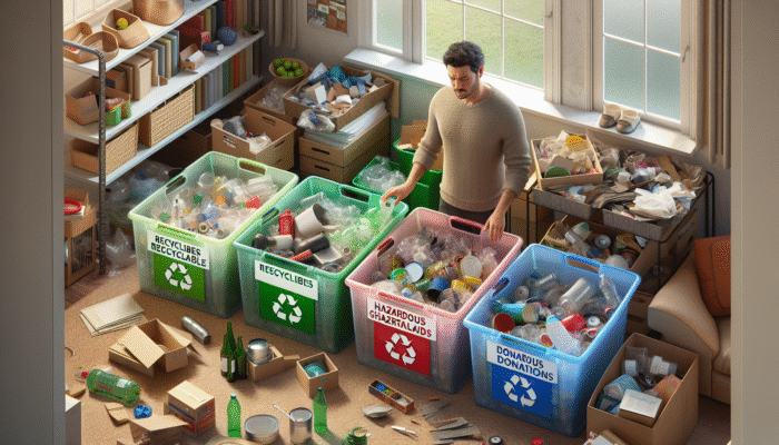 Person sorting household items into labeled bins for recycling, non-recyclables, hazardous materials, and donations during house clearance.