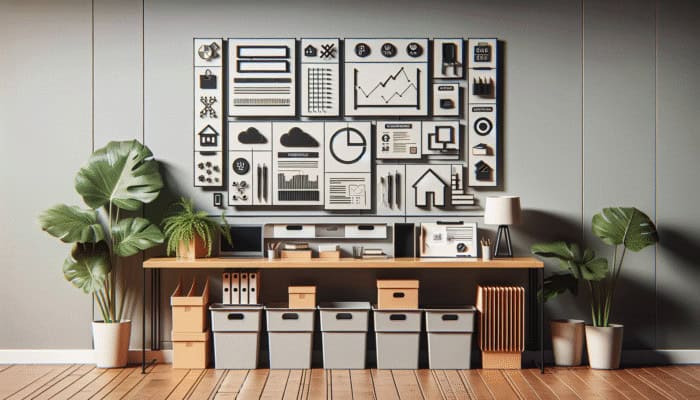 A variety of essential sorting tools including bins, labels, and organizers on a table in a modern setting.