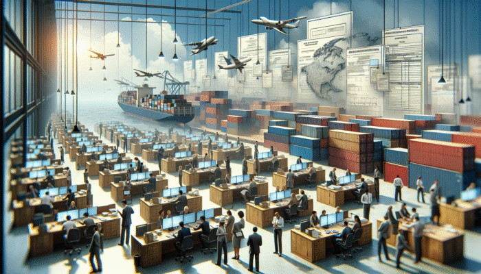 Clearing Offices in the UK Efficiently: UK clearing office staff managing customs documents amidst international shipping containers.