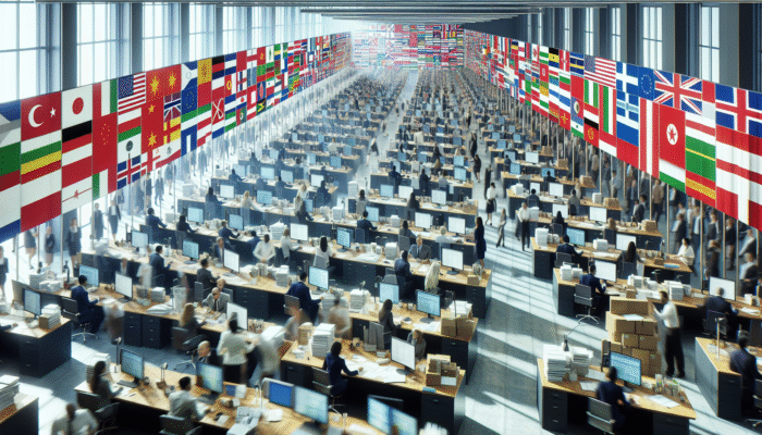 A busy UK clearing office with diverse staff using modern technology to process international trade documents, surrounded by global flags.