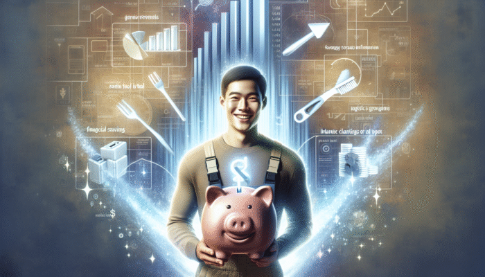 Person smiling with rented tool, cleared house items, piggy bank, and savings chart showing financial savings.