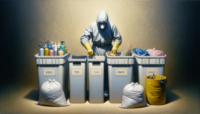Person wearing gloves and mask, sorting items into labeled bins, surrounded by cleaning supplies and bags.