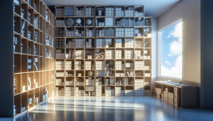 A serene room with neatly organized shelves and labeled boxes, showcasing a systematic arrangement of personal belongings in soft light.