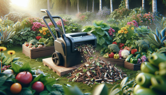 Electric shredders and chippers turning garden waste into mulch, enriching soil around vibrant plants.