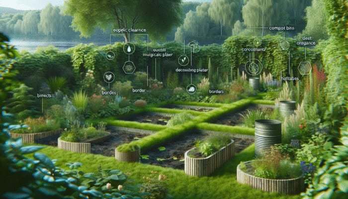 A serene garden with compost bins, native plants, and wildlife habitats promoting sustainability and biodiversity.