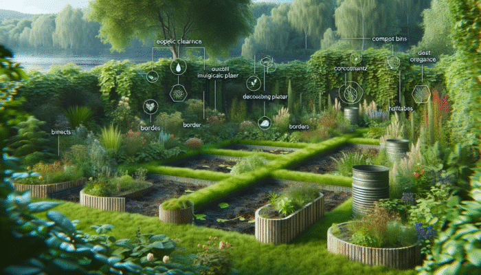 A serene garden with compost bins, native plants, and wildlife habitats promoting sustainability and biodiversity.