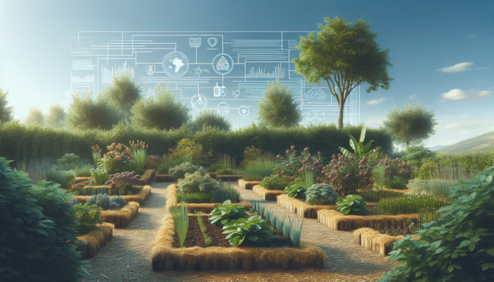 Lush garden with mulched beds using wood chips and straw, showcasing water conservation and sustainable gardening.