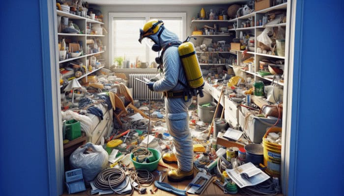 Person in safety gear navigating cluttered house, assessing risks for safe clearance.