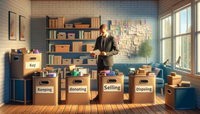 Sheffield House Clearance: Budget Ideas: Person sorting household items into labeled boxes in a bright, organized living room, using a checklist.