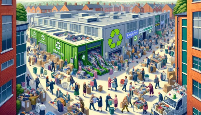 Sheffield street scene with donations to charity and recycling center processing electronics and hazardous waste.