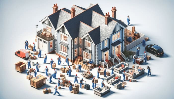 House Clearance Quotes in the UK Compared: A team clearing a large UK home, showing how property size affects clearance costs.