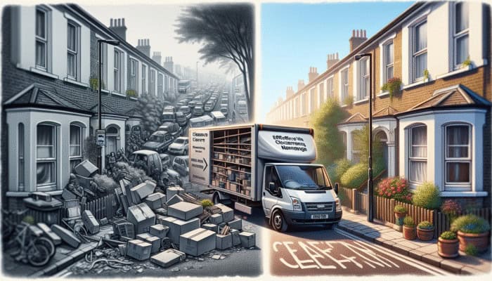 Urban London street with congested clearance van versus calm suburban area with efficient van access.