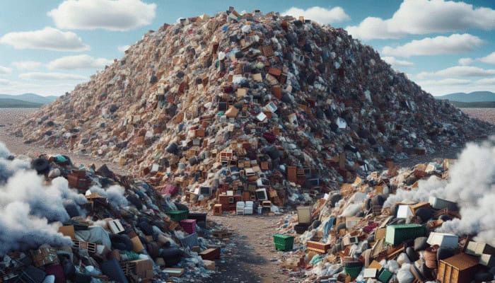 Sustainable Furniture Disposal in the UK: Millions of discarded furniture pieces in a UK landfill, highlighting environmental crisis and need for sustainable disposal.