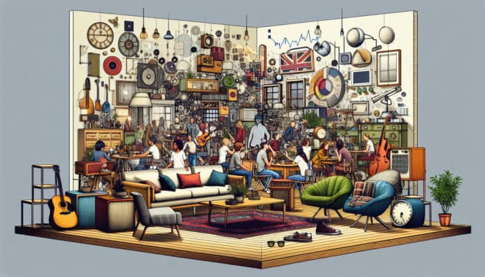 A vibrant UK living room with creatively repurposed vintage furniture, showcasing sustainability and style.