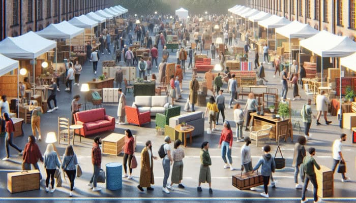 A vibrant UK community event with colorful booths for furniture exchange, promoting sustainability and community connections.