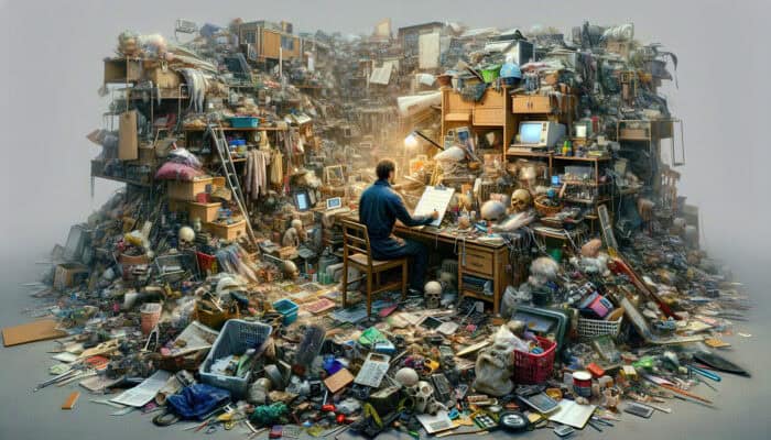 A person in a cluttered home, categorizing diverse items on a clipboard, looking thoughtful.