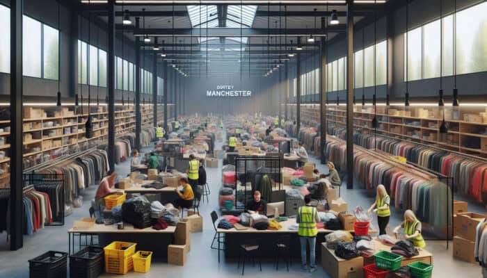 A busy donation center in Manchester with volunteers sorting clothing, furniture, and electronics, promoting community and environmental care.