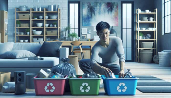 Person sorting items into recyclable, reusable, and waste bins in cluttered living room, kitchen, and bedroom during winter.