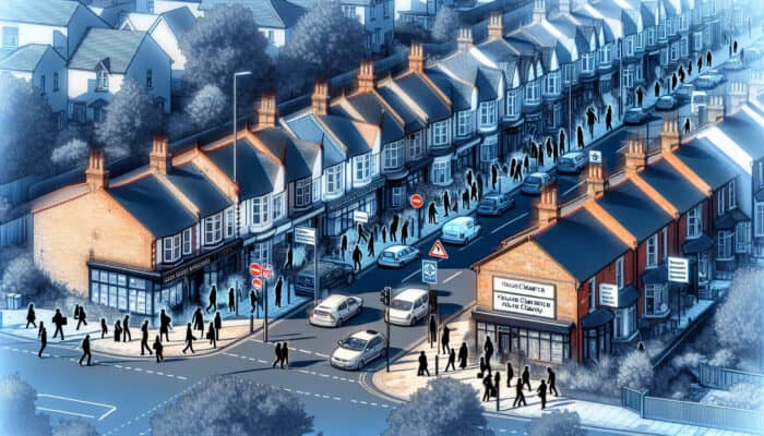 Negotiating Costs for UK House Clearance: UK street showing house clearance signs; busy properties during peak times, quiet with competitive pricing during slower periods.