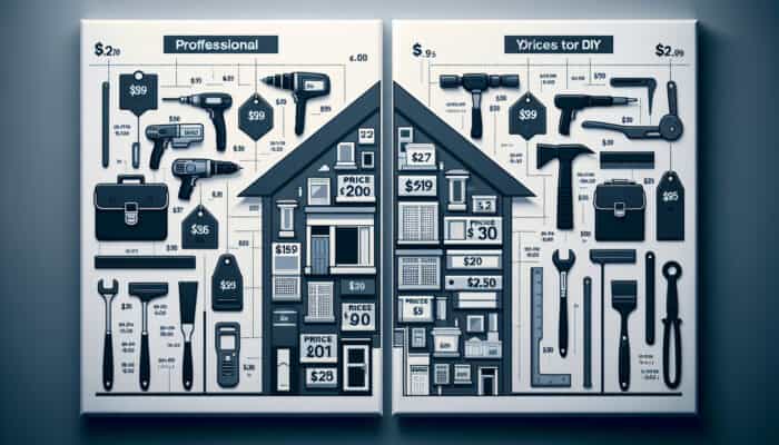 Infographic comparing professional and DIY UK house clearance costs, with price tags, tools, and house silhouette.