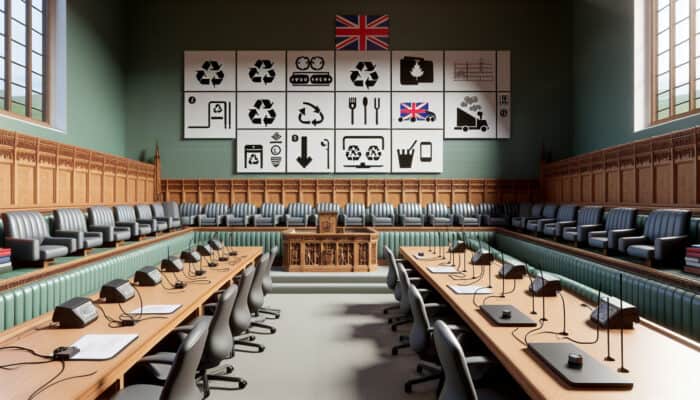 UK legislative symbols with WEEE and Environmental Protection Act, surrounded by furniture for recycling.