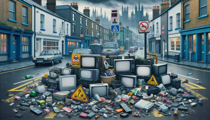 Old TVs, computers, phones, batteries, and bulbs scattered on a UK street, with warning signs and environmental damage.