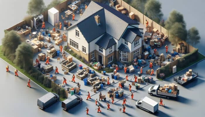 A team clearing a large three-bedroom house in Birmingham, UK, illustrating higher clearance costs due to property size.