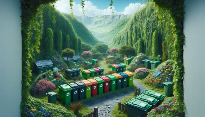 Green Disposal Options for UK Clearances: Illustration of UK green disposal practices with recycling, composting, and safe hazardous waste disposal in sustainable landscapes.