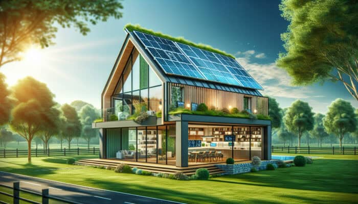 Clearing a UK Home Carbon-Neutral: A modern UK home with solar panels and a green roof amidst trees, symbolizing carbon neutrality.