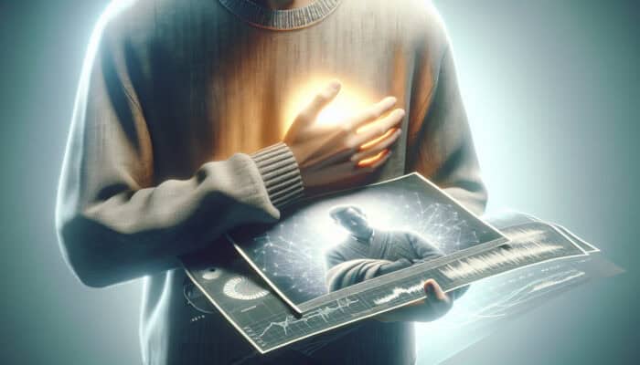 Grief Decluttering Hacks for House Clearance: A person holding a worn photograph and sweater, surrounded by glowing memories, symbolizing grief and healing.