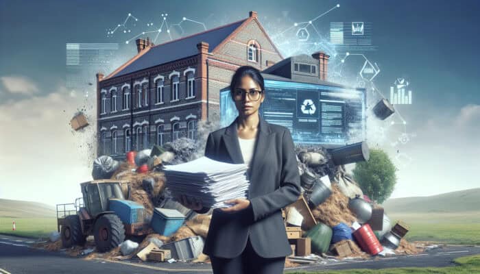 Council Permits for House Clearance Jobs: Person with council permits in front of house with bulky items and hazardous waste, UK town hall background.