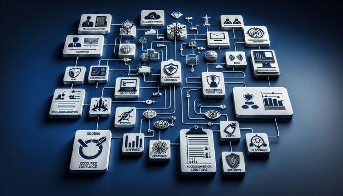 Handling Electronics Advanced in Clearance: Infographic showing clearance levels in electronics, with icons for defence, telecoms, and data centers, and a flowchart of access conditions and security protocols.