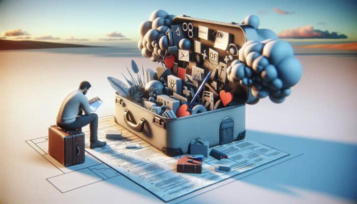 Emotional Disposal Tips for Clearance: A person examining a suitcase with symbolic items of grief, resentment, and self-doubt in a serene landscape.