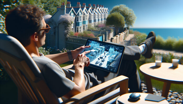 Person in Brighton garden using tablet to manage London flat decluttering via video conference.