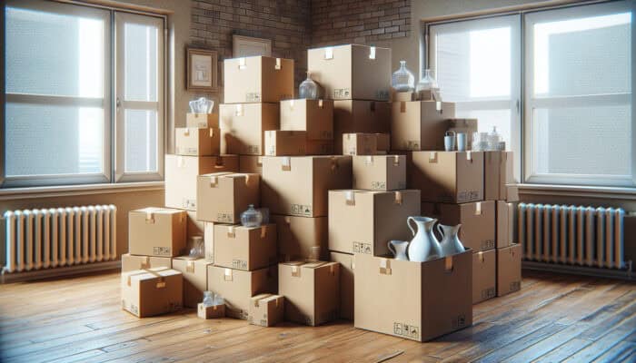 Packing Fragile Items for House Clearance: Sturdy double-walled cardboard boxes with glassware and porcelain, ready for packing and moving.