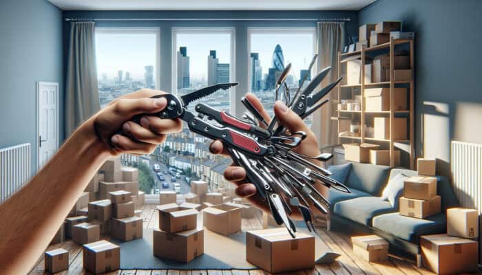 Hand Tools for Fast House Clearance Tasks: A person using a multi-tool to efficiently clear a cluttered London apartment.